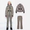 Women's Fitted Ski Suit Long Sleeve Puffer Jacket High Waist Flare Pants Geometric Print Two Piece Matching Set