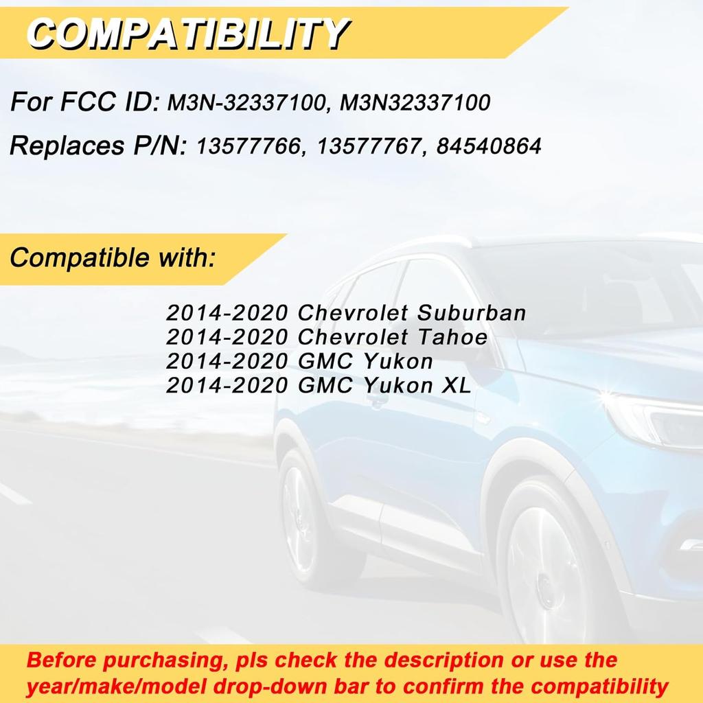 Key Fob Replacement for 2014- Chevrolet Suburban Tahoe & GMC Yukon/Yukon XL Car Keyless Entry Remote Control, M3N-32337100, 6 Btn