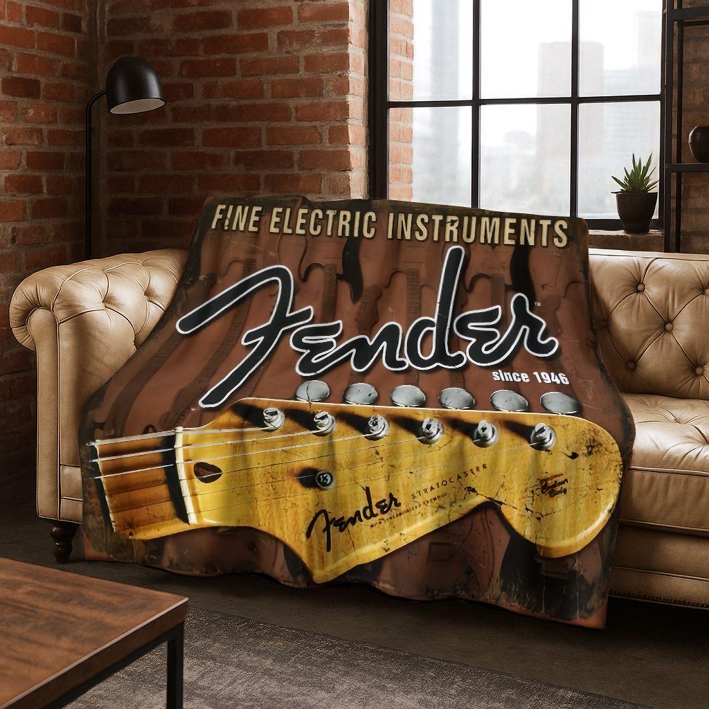 Fashion Fender Logo Guitar Music Instruments Art Flannel Blanket,Cozy Soft Throw Blanket for Home Bedroom Bed Sofa Cover Gift