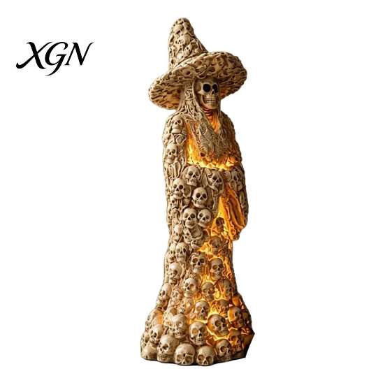 Spooky Witch Table Centerpiece Skull Figurine, Resin Skeleton Ornament, Gothic Creepy Halloween Decoration Statue for Tabletop Mantel Fine Carved