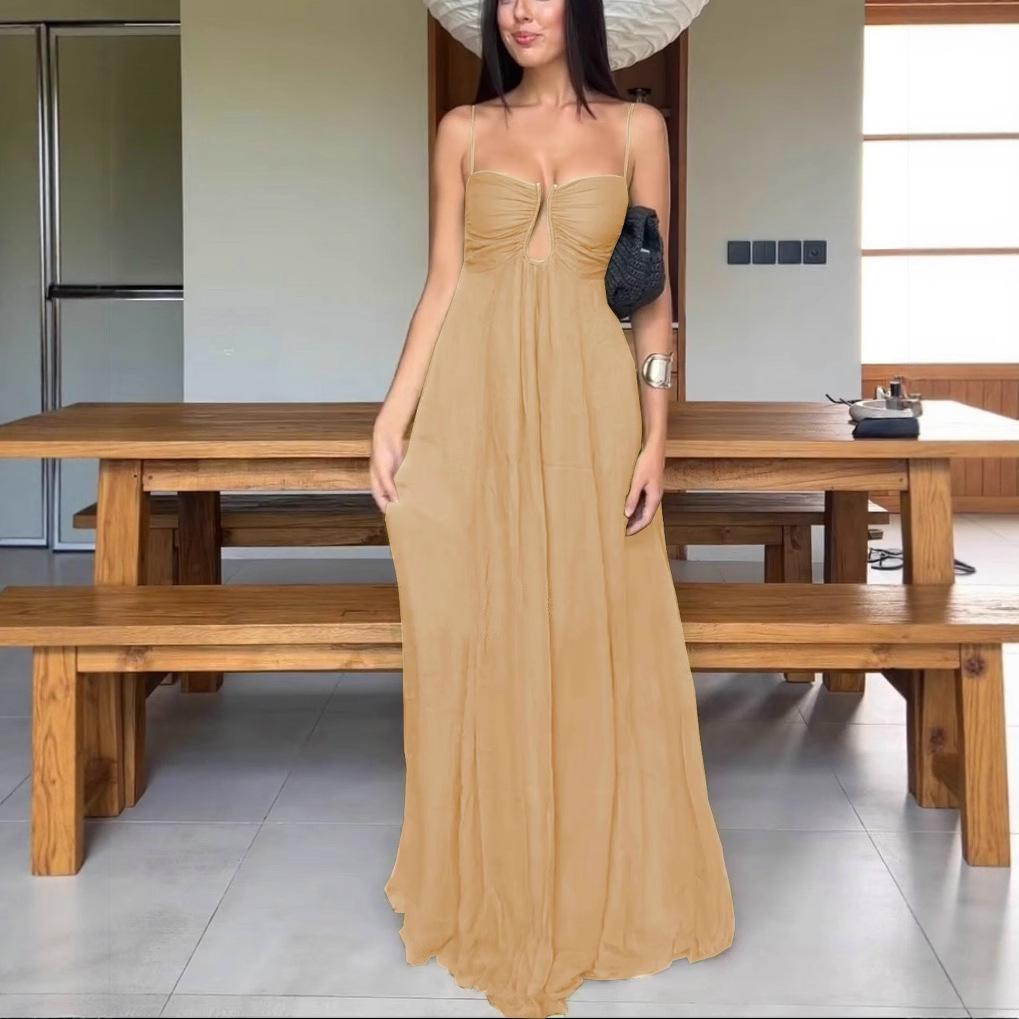 2026 Summer Spaghetti Strap U-Neck Maxi Dress Large хаки