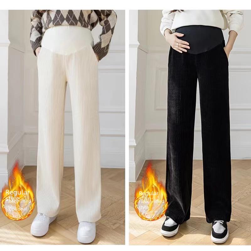 "Maternity Wide-Leg Pants with Belly Support, Plus Velvet, Thick & Warm for Autumn/Winter"