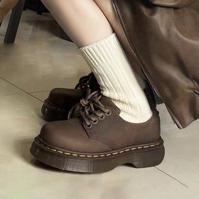 Schaffell-Version~ Leder runde Zehenpartie Crazy Horse braun Martin Schuhe kleine Lederschuhe Damen Plateau Muffin Einzelne Schuhe