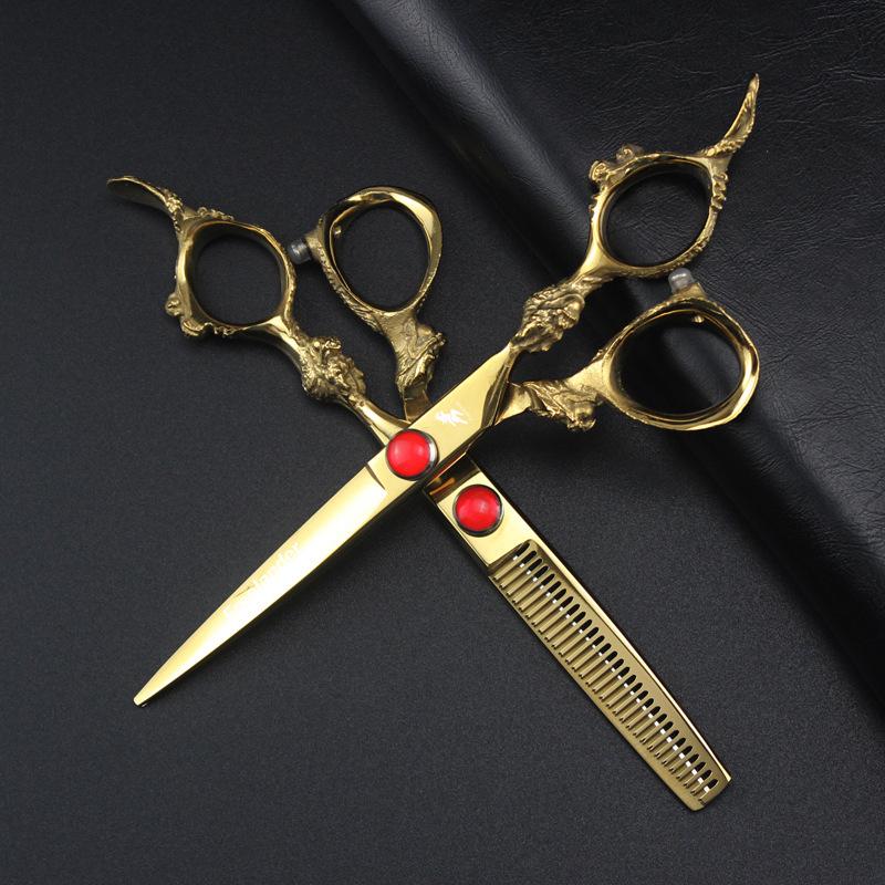 6.0 God Walker Gold Dragon Handle Hairdressing Scissors - Straight & Serrated Straight Scissors DL4-0405