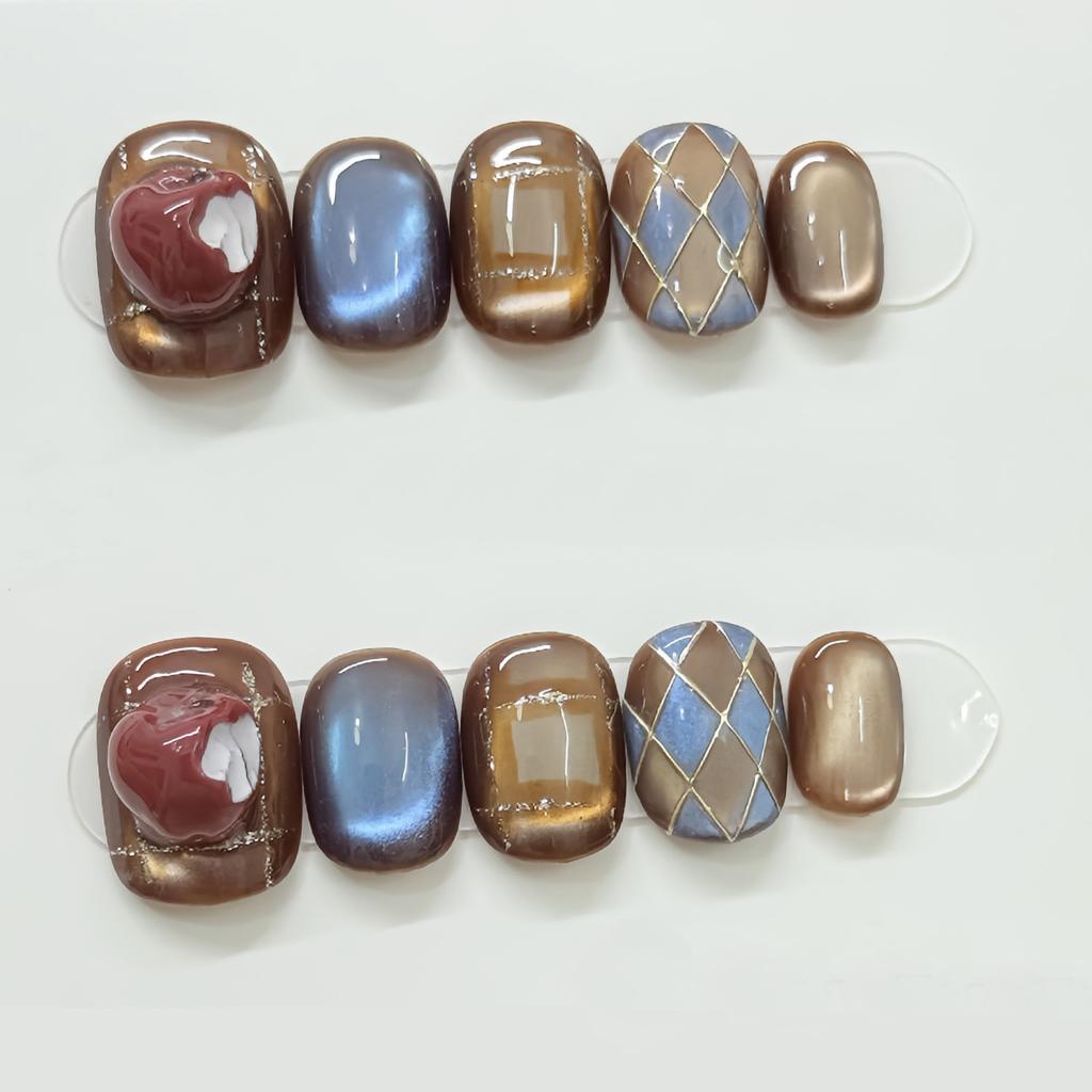 10Pcs Short Oval Cat Eye Press On Nails Blue Brown Full Coverage False Tips Autumn Winter Removable Wearable Manicure For Women