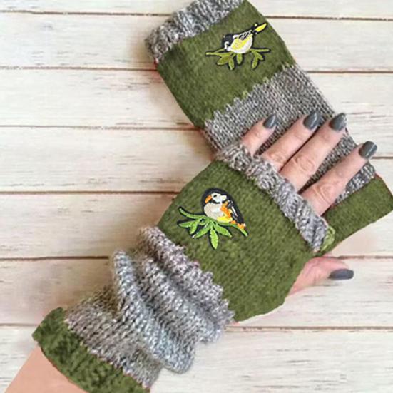 Yousheng 1 Pair Riding Gloves Embroidery Pattern Fingerless Knitted Gloves with Extended Cuffs Half-Finger Design Thumb Hole Winter Gloves