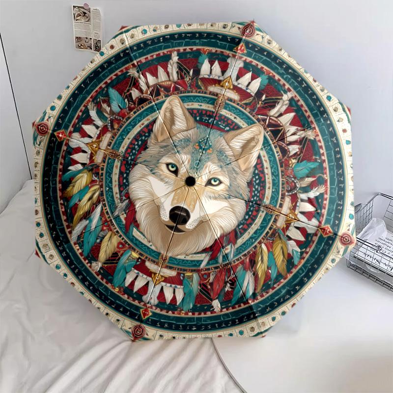 0106 Vintage Native American Style Animals  pattern, automatic folding umbrella, portable and foldable design, 8 ribs, a Christmas or birthday gift.