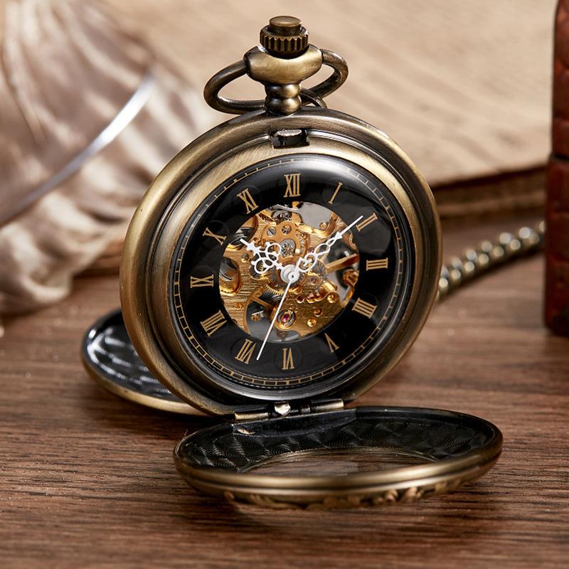 Classic Vintage Double Open Engraved Flip Roman Numerals Large Semi-Automatic Pocket Watch