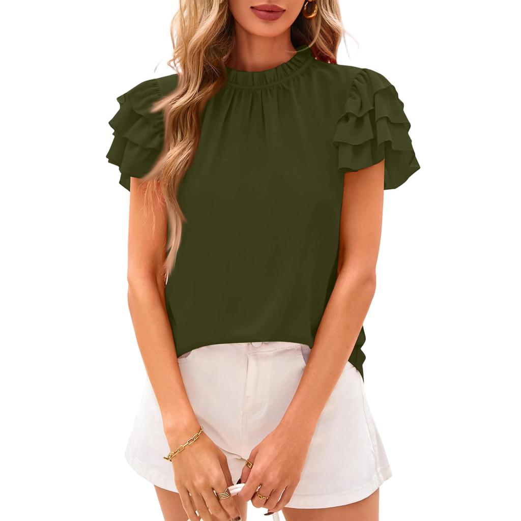 Women's Fashionable Casual Ruffled Round Neck Color Lace Short,sleeved Top
