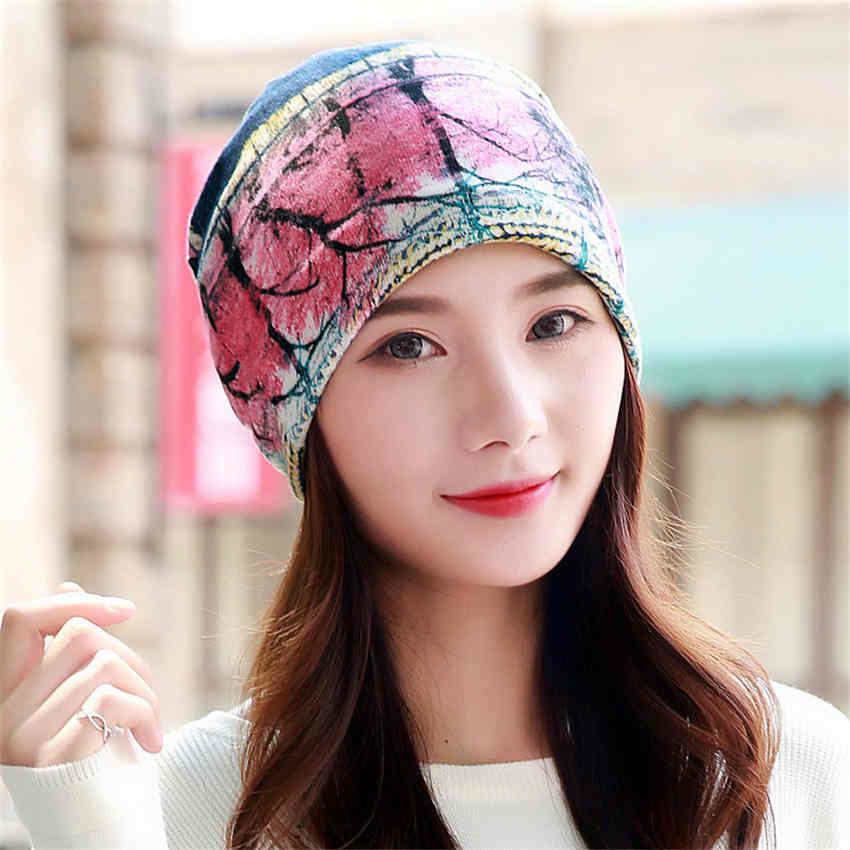 Women Hat Polyester Adult Casual Floral Hats Spring Autumn Two Used Female Cap Scarf 3 Colors