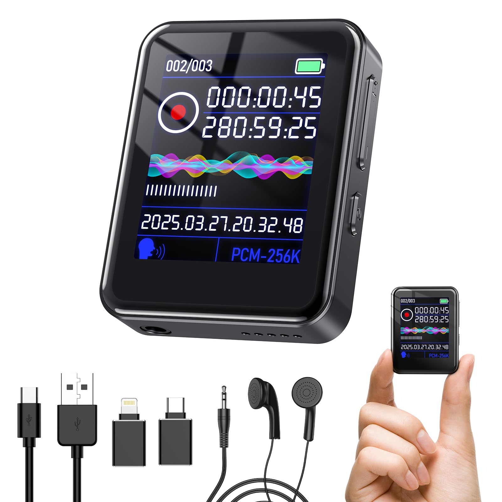 

Zyvrex Compact Voice 32GB Large 50 Hours of Continuous and 1536kbps Sound Features include LCD HD noise voice slim and compact discreet split timer чорний
