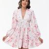 Summer V-Neck Lace Long Sleeve Dress Floral Printed Slim Fits Sexy Dress Sweet High Waist A-line Mini Dress