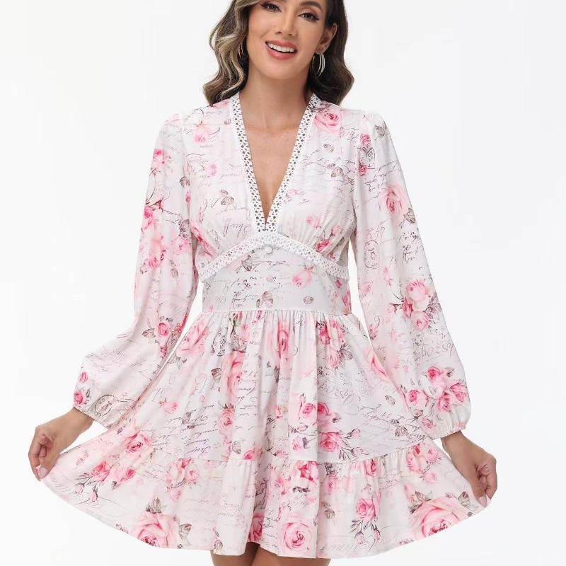 Summer V-Neck Lace Long Sleeve Dress Floral Printed Slim Fits Sexy Dress Sweet High Waist A-line Mini Dress