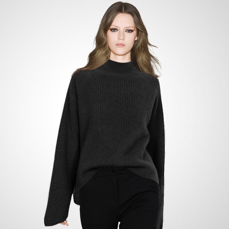 

Autumn European Goods Loose Long Sleeve High Collar Slimming Sweater Black S