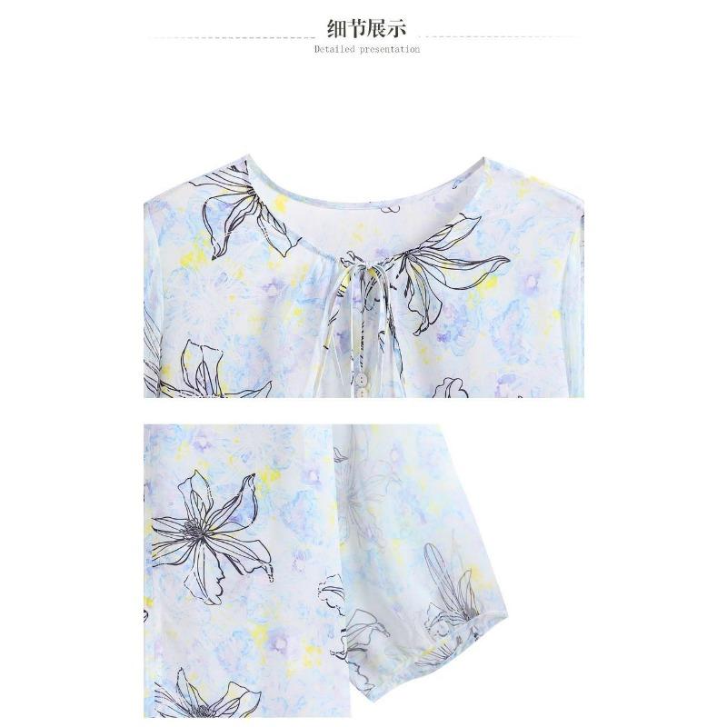 Female Spring/Summer New Korean Chiffon Shirt Top Fashion 3/4 Sleeve Printed Lace Up Bottoming Blouse S-4XL