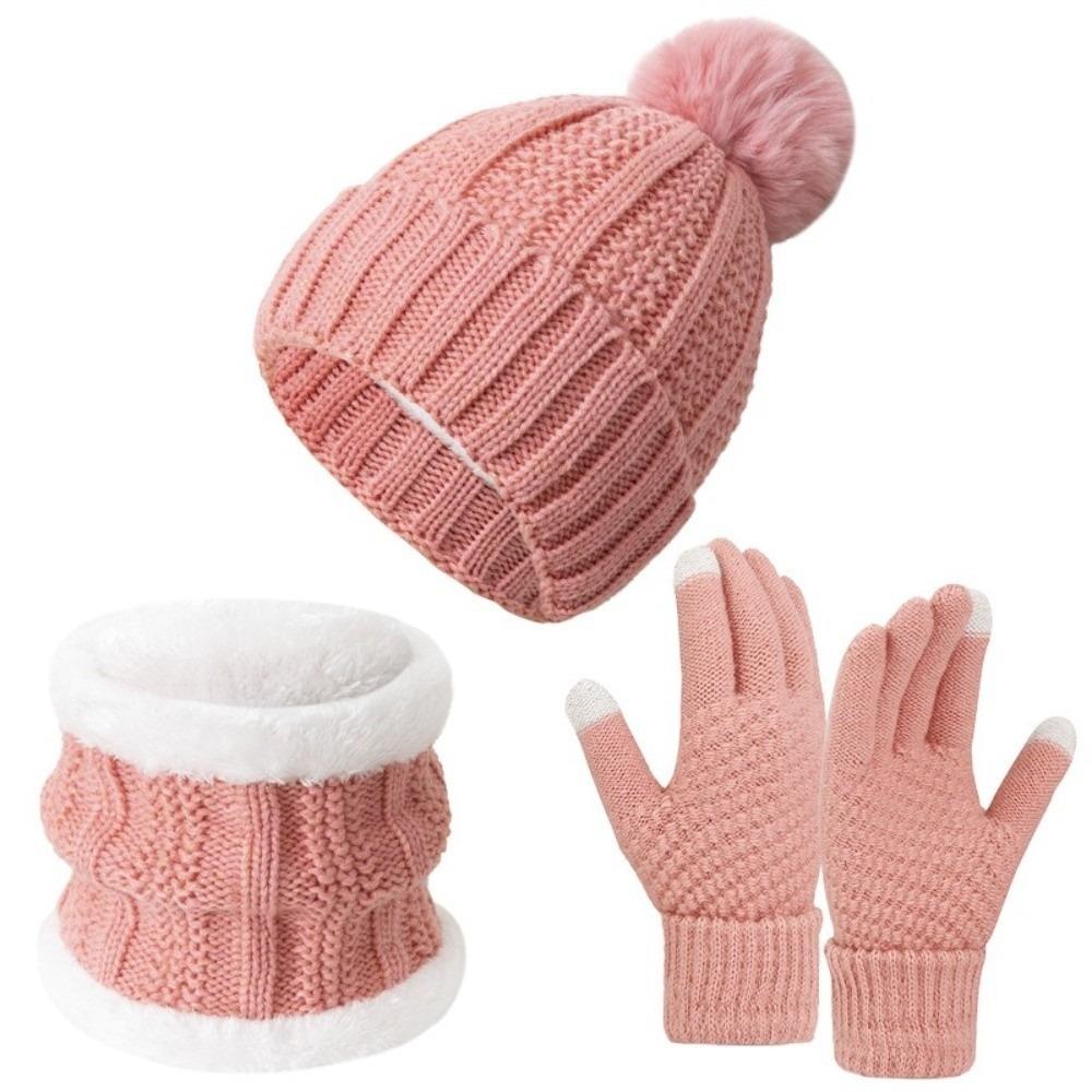 3pcs Soft Solid Color Hat Scarf Gloves Set Cute Pompom Thickened Knitted Hat with Velvet Keep Warm Beanie Hat Kids