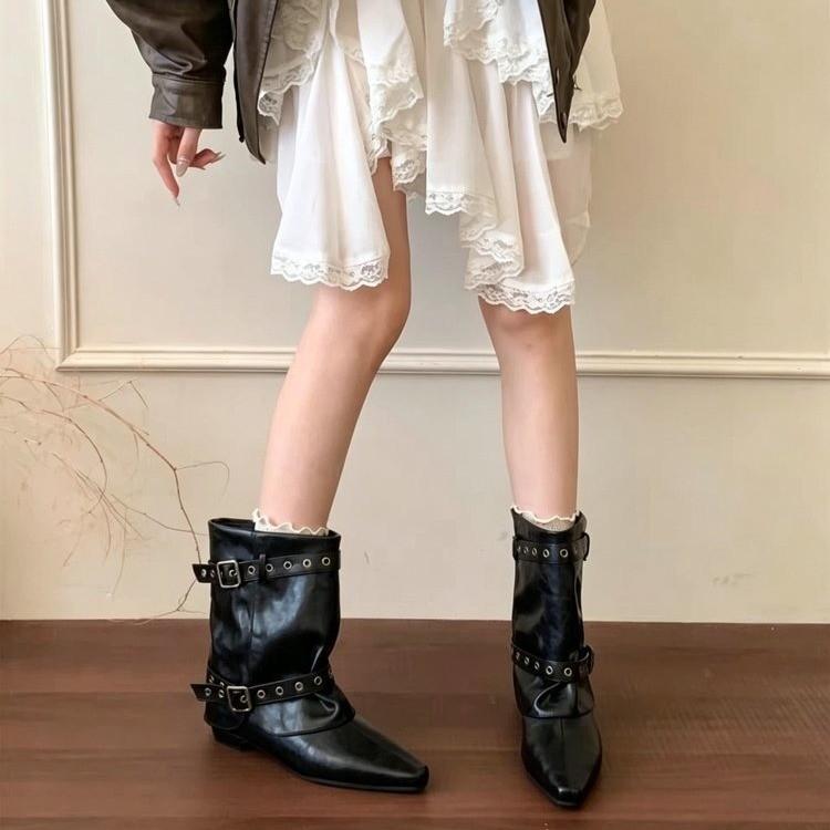Vintage Spice Girl Temperament Western Cowboy Boots Women's Autumn New Pant Pants Boots Pleated Pile Boots Martin Boots