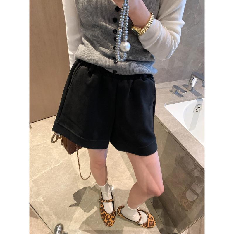 Moqie Retro High-Waisted Slimming A-Line Suede Plush Shorts Small чёрный
