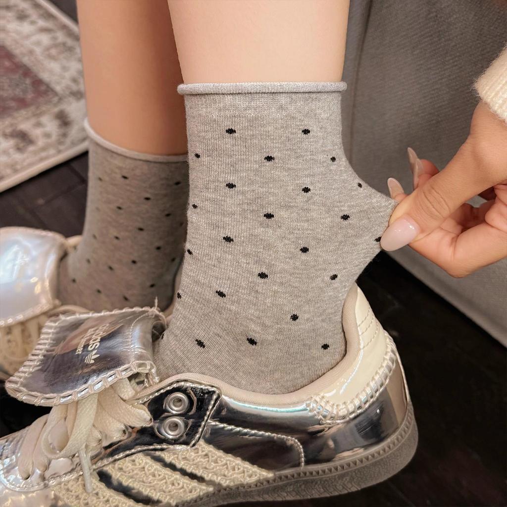 Women's Rolled Edge Polka Dot Mid-Calf Cotton Socks - Pairs Well with Birkenstock Shoes, Loose Fit, Slouchy, Casual Style