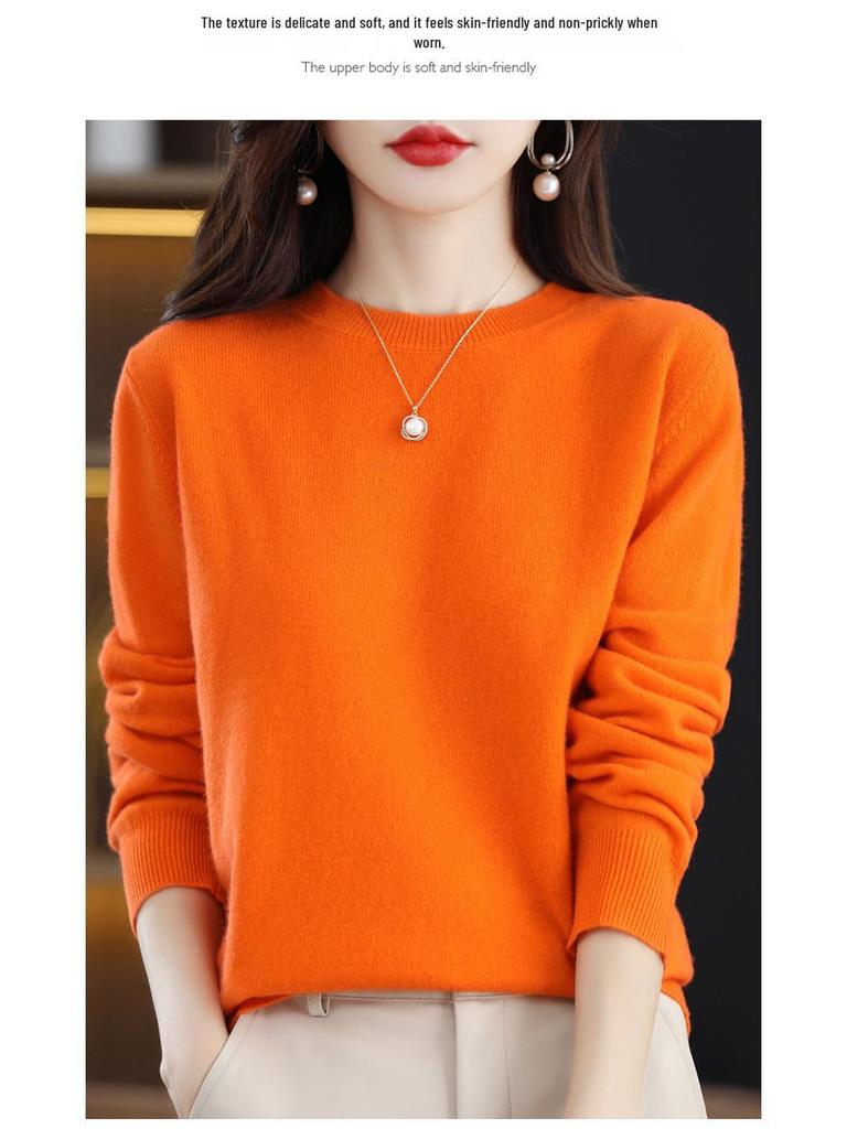 Dámský podzimní pletený svetr - Kulatý výstřih, Dlouhý rukáv, Jednobarevný, Všestranný volný střih