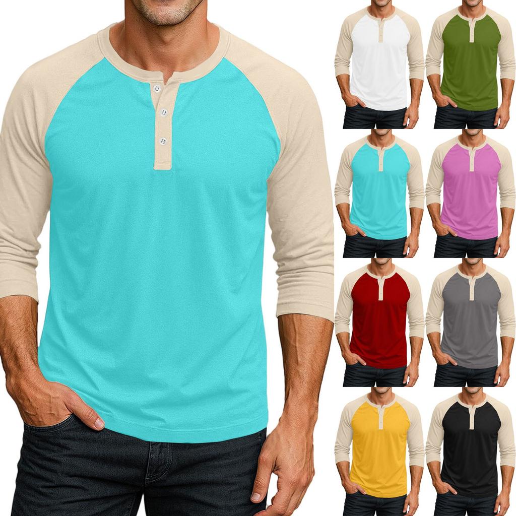 Men's Button-Down Contrast Raglan 3/4 Sleeve Top