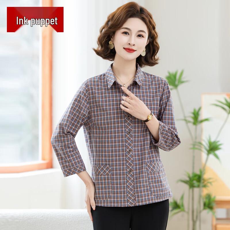

Women s Pure Cotton Plaid 3/4 Sleeve Shirt 3XL