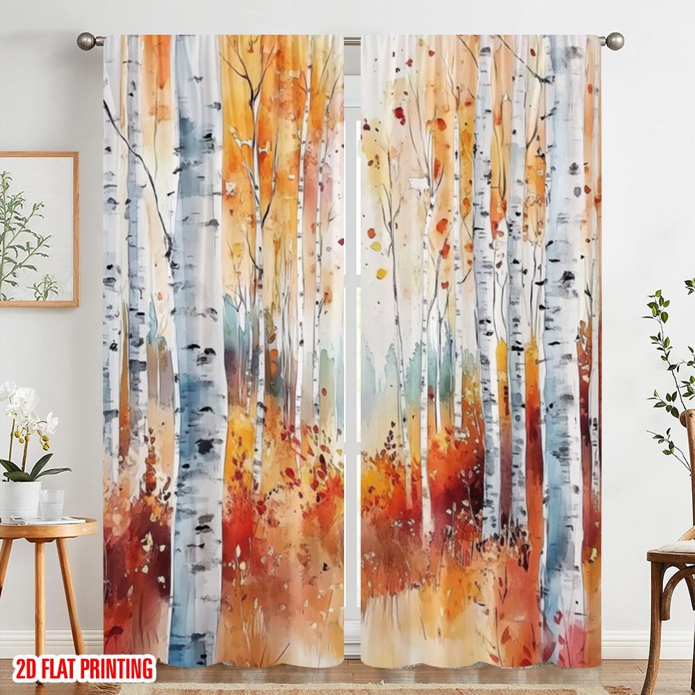 2pcs,2D plane printing Popular Curtain Panels Autumn Birchwoods Versatile Durable Polyester (without rod) Festive for Bedroom,