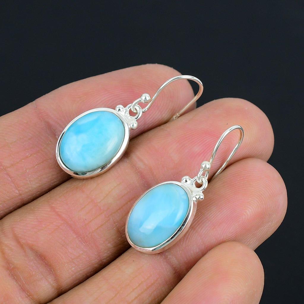 Natürliche Larimar-Edelstein-Ohrringe, massives 925er Sterlingsilber, handgefertigt, Tropfen-Ohrringe, Schmuck, Geschenk zum Valentinstag für die Liebe