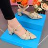 2025 Summer New Pearl Rhinestone Bag Head Medium High Heel Sandals Women's Thin Heel Fashion Wrap Bag Heel Large Size Women's Shoes