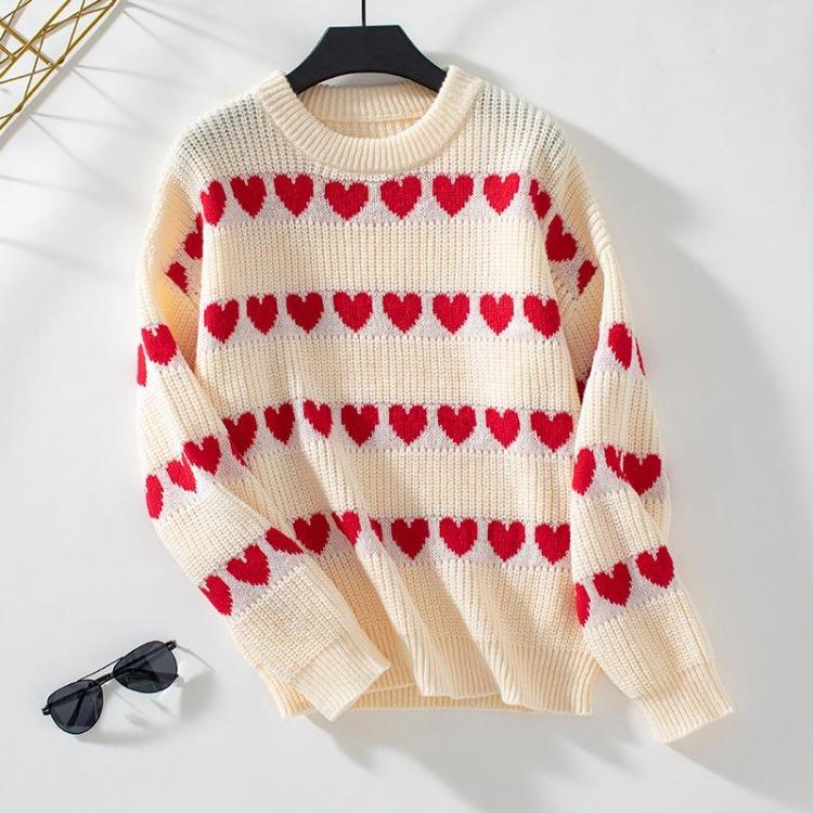 Vintage Print Loose Knitwear Sweater Long Sleeve Pullover Top O Neck Autumn Winter