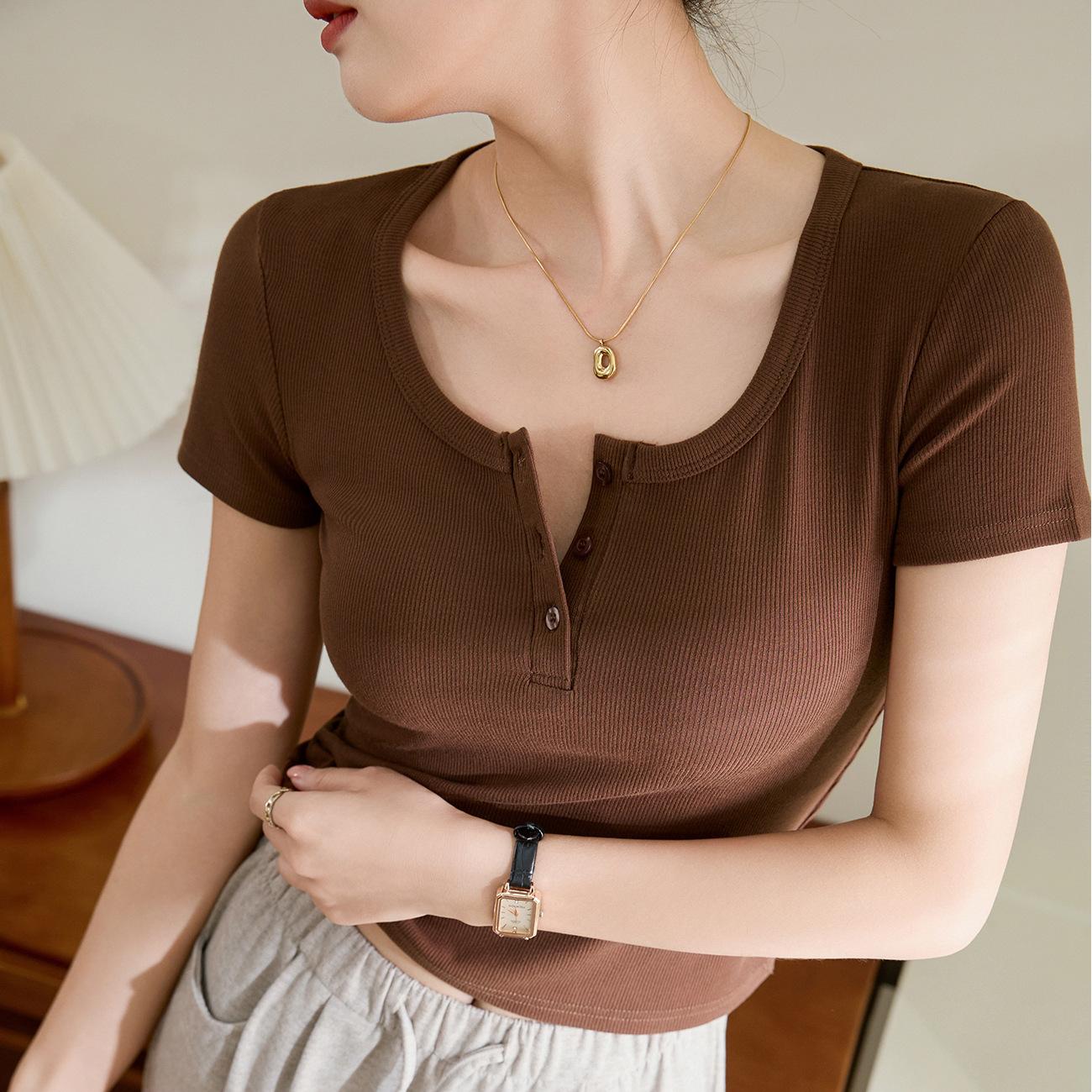 

Короткая футболка с высокой талией для женщин, летняя новая пуговица, U-образный вырез, короткий рукав, ребристый хлопковый низ, рубашка 2XL