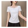 Trendy 2025 Off-Shoulder V-Neck Women's T-Shirt with Slimming Fit, Short Sleeves, and Open Back, Featuring Single/Double Shoulder Straps