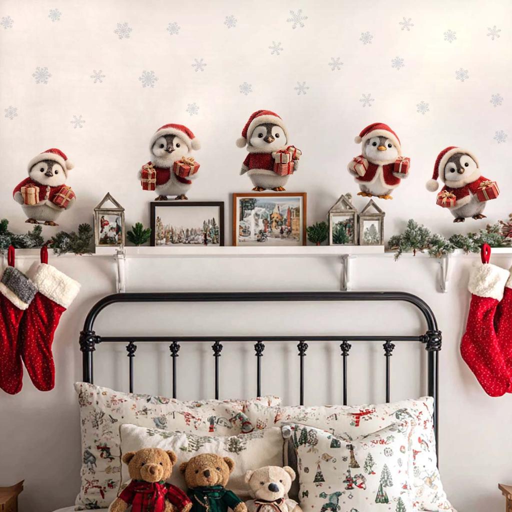 Warm and Cozy Christmas Penguin Wall Sticker with Festive Elements. Self-adhesive and Seamless Sticker.