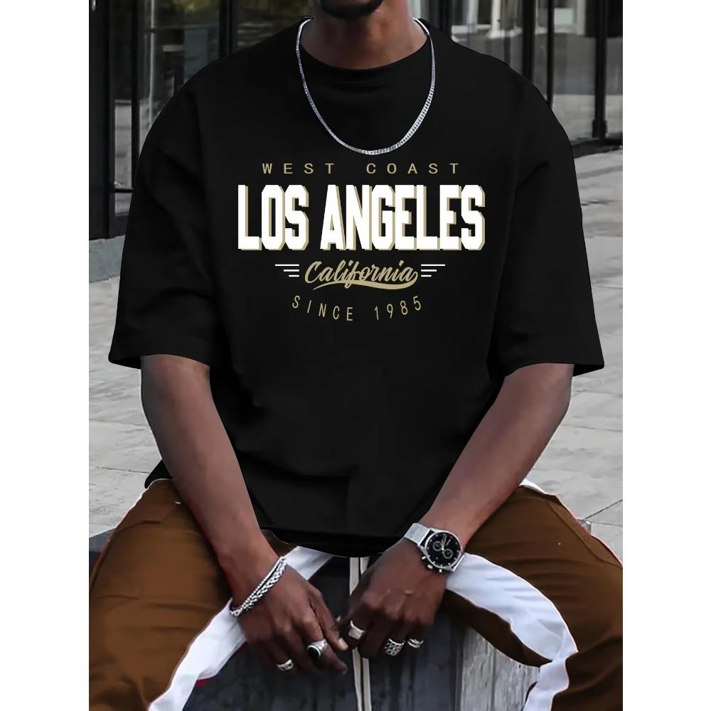 Summer men's 100% cotton comfortable casual loose plus size LOS ANGELES printed sports round neck short sleeved T-shirt top