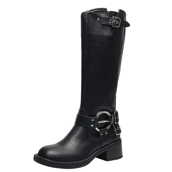 Women Genuine Leather Cowboy Boots Autumn New Belt Buckle Women Marton Boots British Style Large Size 41 42 43 Women Long Boots