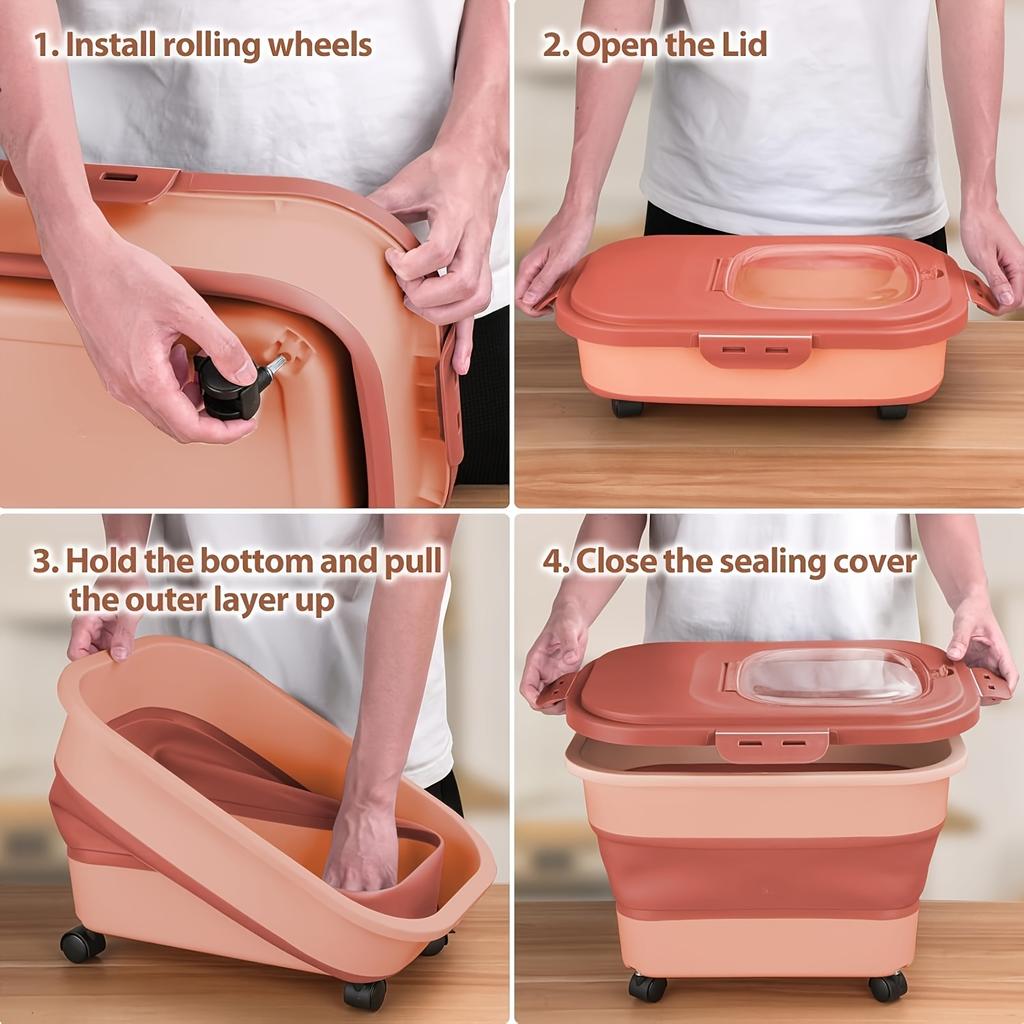 Collapsible with Wheels Cat Dog Food Storage Container Dry Pet Food Box with Lids Airtight Sealing Kitchen Grain Storage Boxes