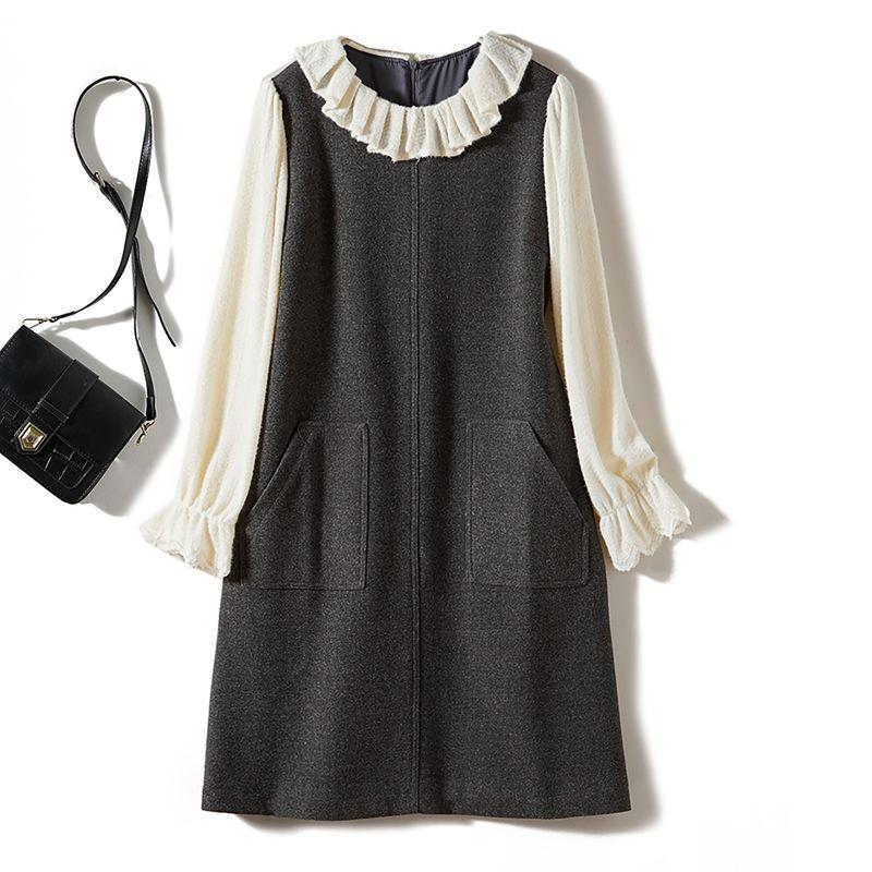 

Q Yuan Skirt on the Cabinet! Wenjing Women Lotus Leaf Long sleeve Wool Doll Collar Dress Autumn and Winter Laminated Gray Skirts Gray L