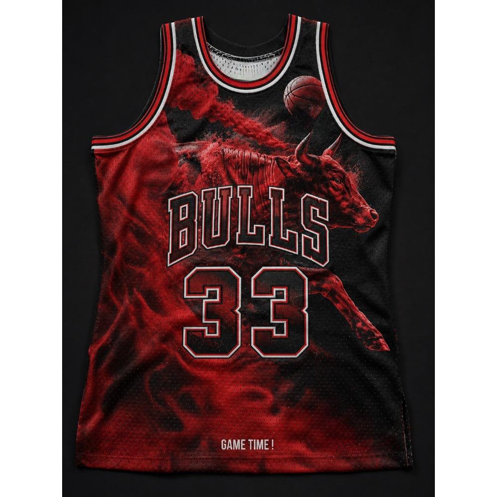 Schwarz Rot Verlauf Bulls Nr. 33 Basketballtrikot Bull Smoke Basketball Print Netz Ärmelloses Tanktop Retro Sportfan Weste