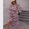 Europe, America, Autumn and Winter New Women's Clothing Leopard Print Lace-up Long-sleeved Pendulum Dress