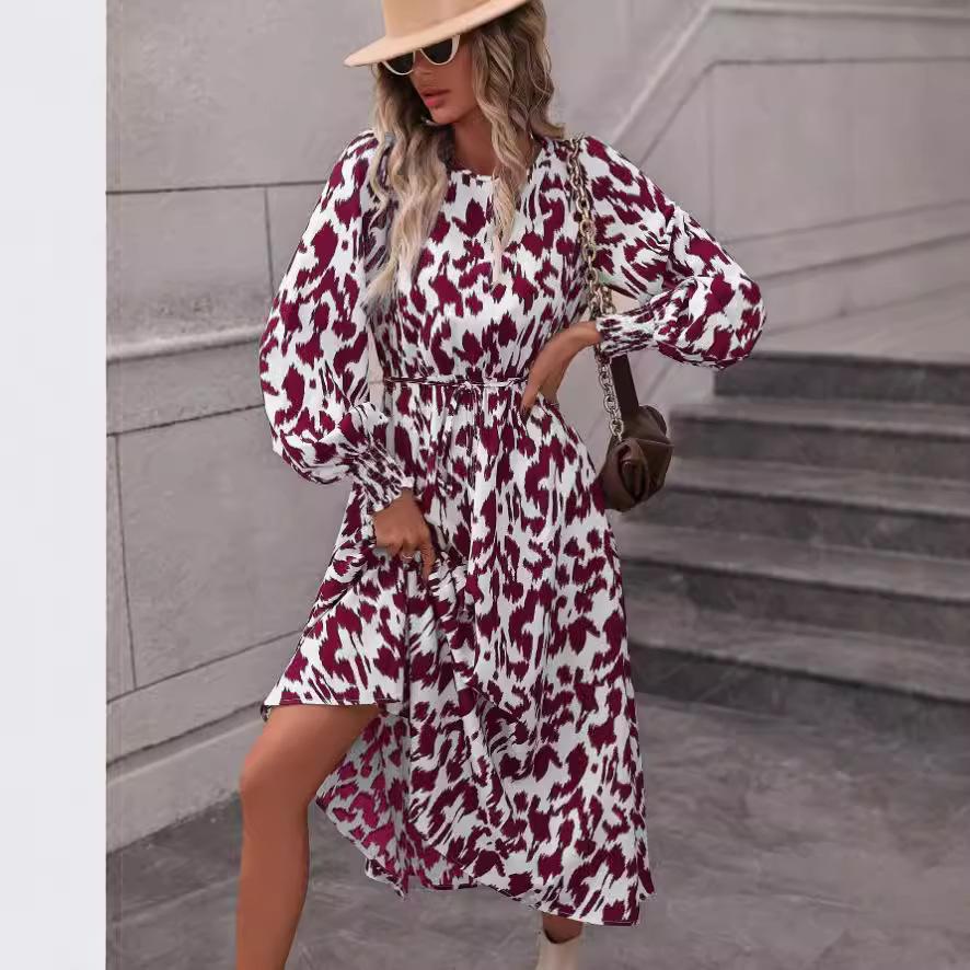 Europe, America, Autumn and Winter New Women's Clothing Leopard Print Lace-up Long-sleeved Pendulum Dress