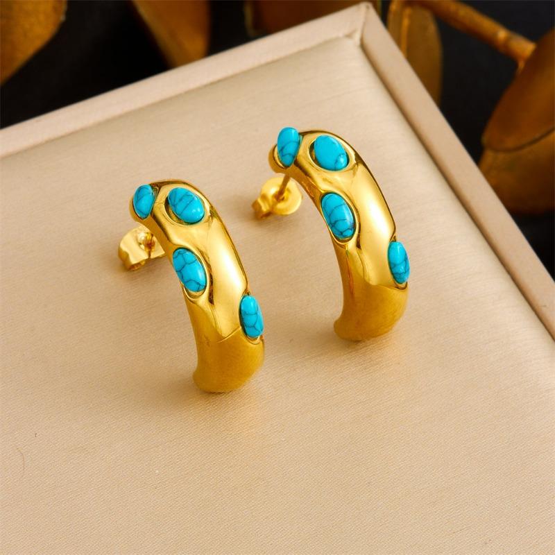 Gold Curved Hoop-style Turquoise Stud Earrings for Women