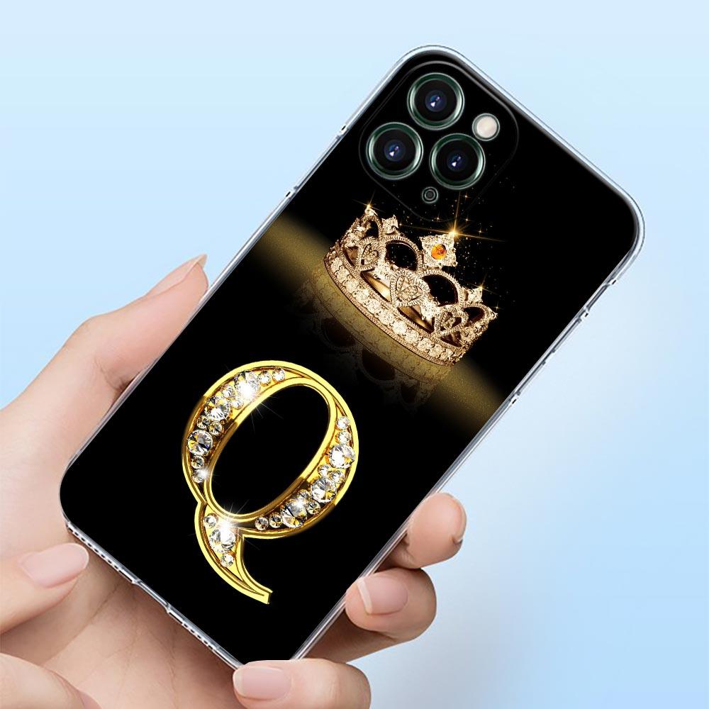 Diamond Crown First Initials Letter N T Z Shell Case for iPhone 15 16 11 12 13 14 Pro Max Mini 16 Plus Transparent Cover Fundas