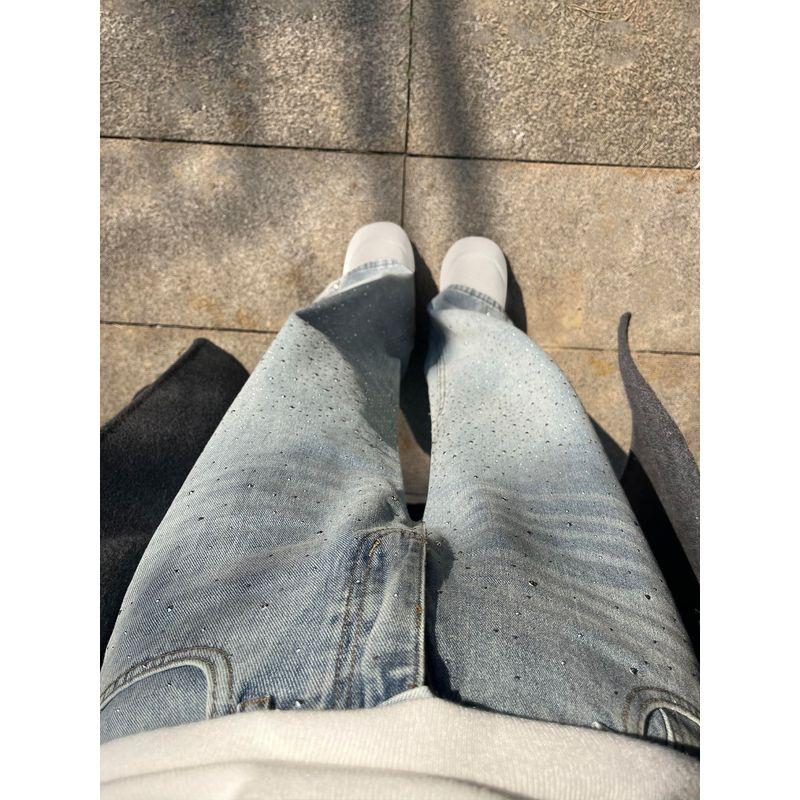 Blue Rhinestone Wide-Leg Jeans for Women, Summer New Style, High-Waisted Straight Pants for Plus-Size Girls with Pear-Shaped Body