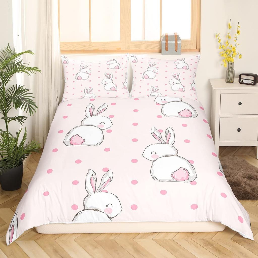 Rabbit Print Kids Girls King Queen Duvet Cover Cartoon Pink Little Bunny Comforter Cover Animal Floral Polyester Bedding Set