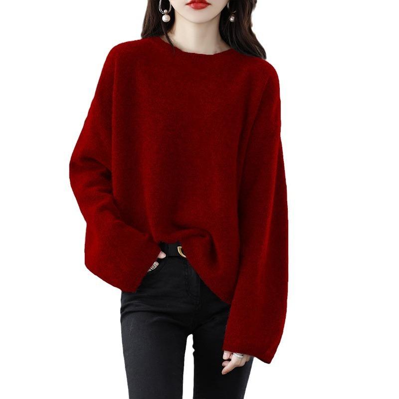 Lazy Casual Temperament Crew Neck Sweater Women's Autumn and Winter New Solid Color Loose Pullover Bottoming Knitted Sweater