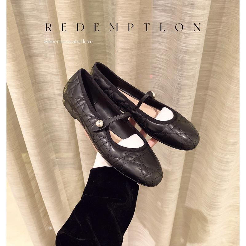 Sheepskin version~ Shoes Ballet Shoes Leather Rhombus Pearl Flat Shoes Women's Mary Jane Shoes