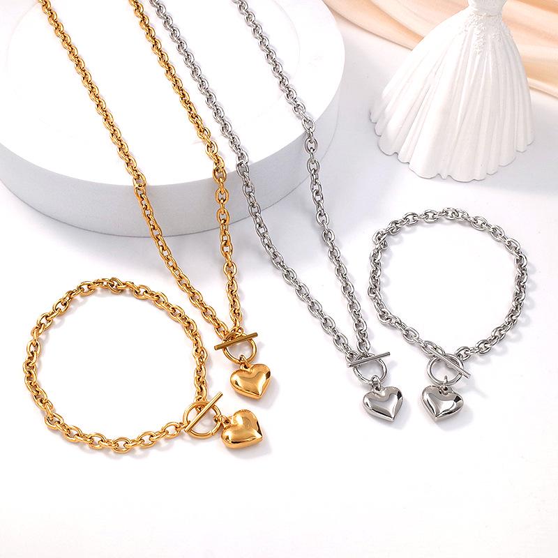 Stainless Steel Heart Pendant Necklace & Bracelet Set - Fashionable Titanium Jewelry