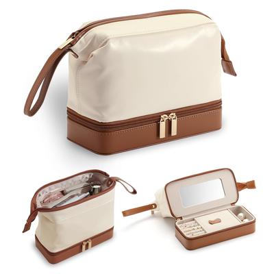 Lumayina Makeup Pouch Vanity Case with Cosmetic Storage Travel Stylish and Cute 2-in-1 & Mirror, Box, Lightweight, Waterproof, & Gift, (White & Brown)