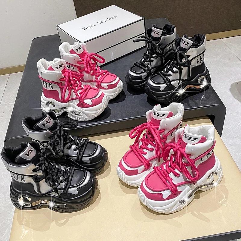 Fashion 8CM Winter Chunky Boots For Women Thick Plush Warm Snow Ankle Boots Wedges Leather High Platform Sneakers Woman Motorcycle Shoes