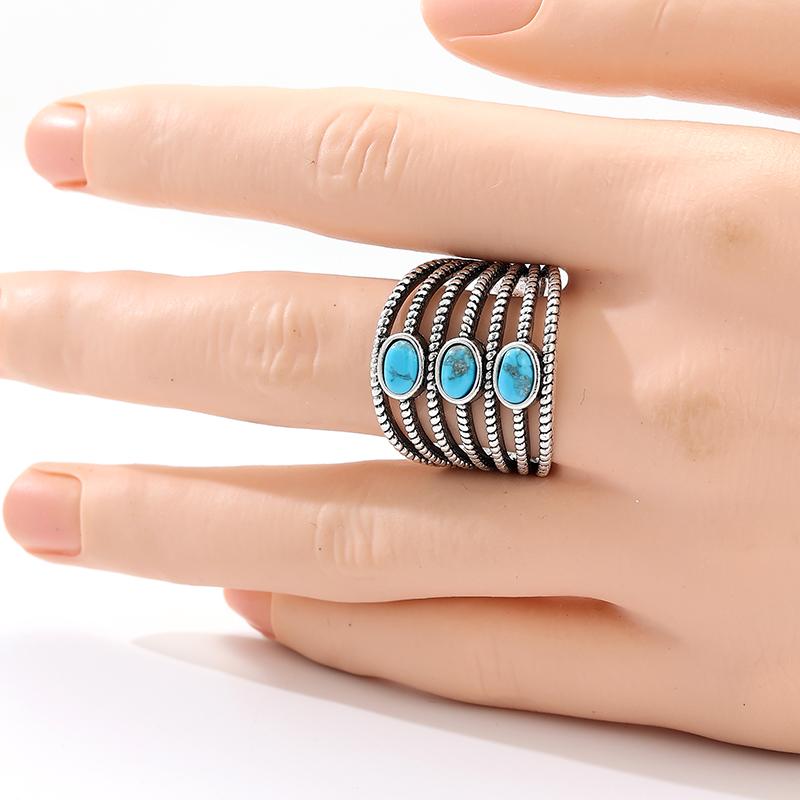 Bohemian Inlaid Imitation Turquoise Women's Ring Vintage CopperColor Hand Carving Daily Wear Party Jewelry Anniversary Gift